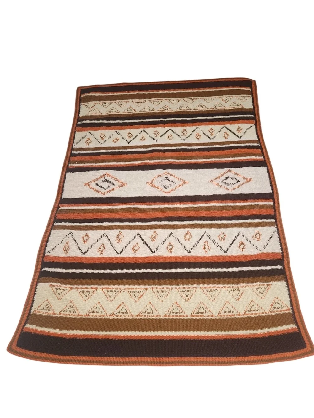 Vtg 70s Southwest Crochet Afghan Blanket Earth Tones Geo Diamond Throw 68x49